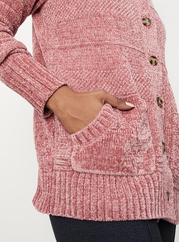 Women Knitted Plush Yarn Cardigan With Hood