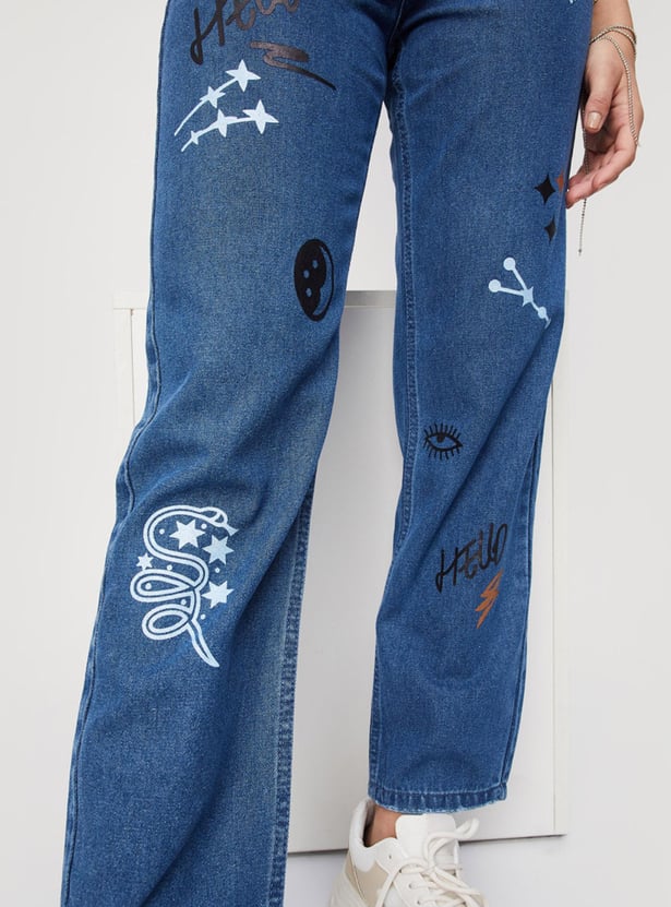 Women Stonewashed Printed Boyfriend Jeans