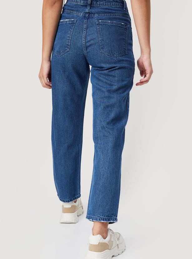 Women Stonewashed Printed Boyfriend Jeans