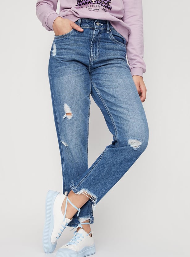 Women Stonewashed Full-Length Mom Fit Distressed Jeans