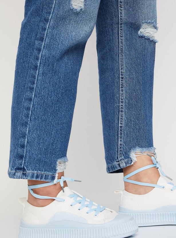 Women Stonewashed Full-Length Mom Fit Distressed Jeans