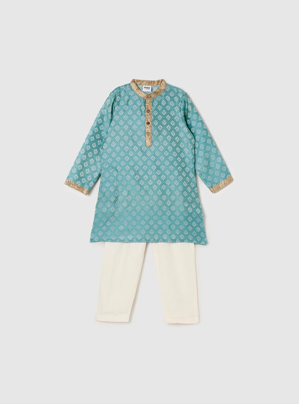Boys Printed Band Collar Full Sleeves Ethnic Kurta With Solid Pyjama