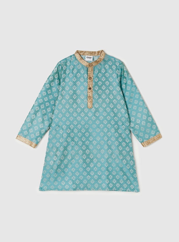 Boys Printed Band Collar Full Sleeves Ethnic Kurta With Solid Pyjama
