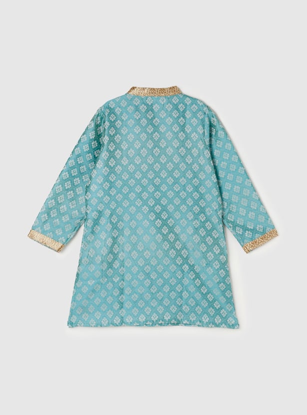 Boys Printed Band Collar Full Sleeves Ethnic Kurta With Solid Pyjama