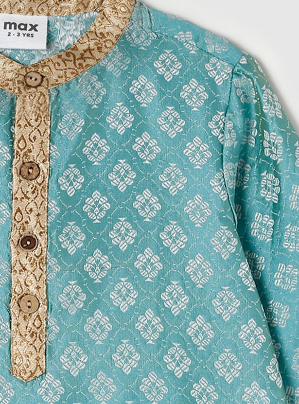 Boys Printed Band Collar Full Sleeves Ethnic Kurta With Solid Pyjama