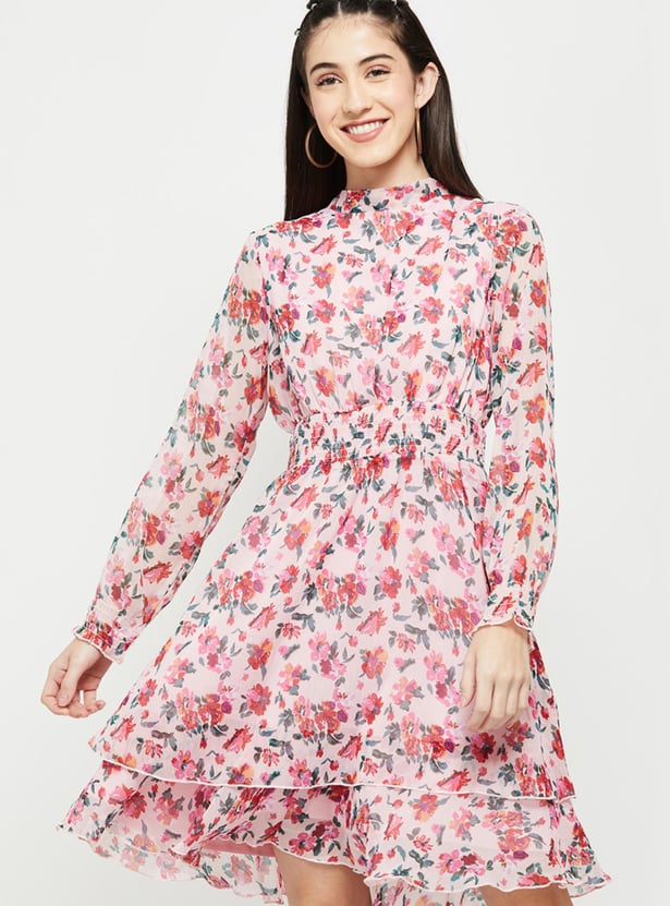 Women Floral Printed Mock Neck Fit and Flare Dress