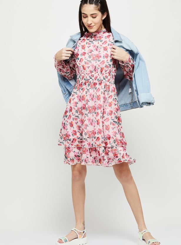 Women Floral Printed Mock Neck Fit and Flare Dress