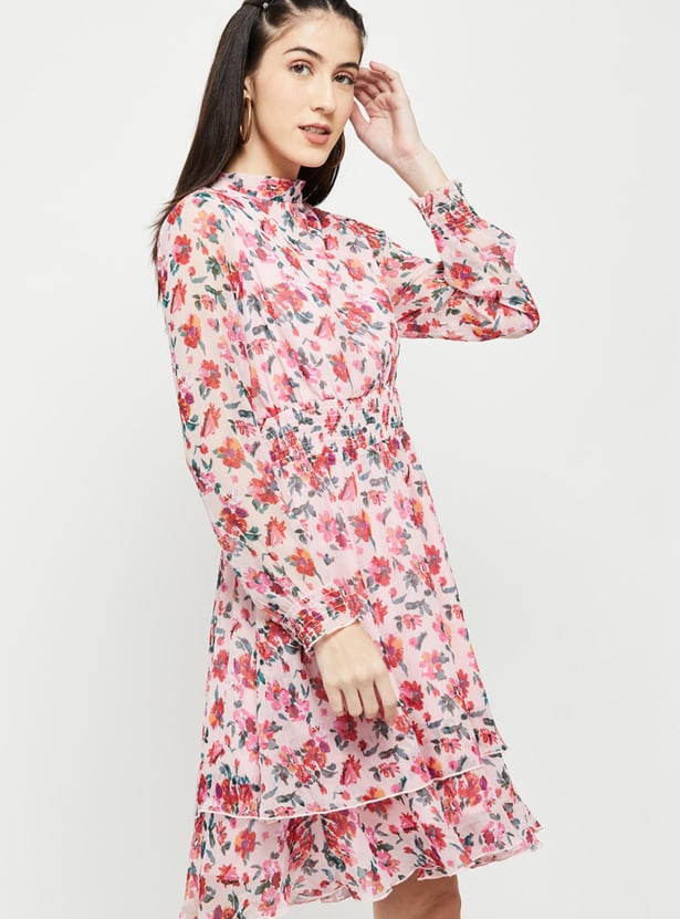 Women Floral Printed Mock Neck Fit and Flare Dress