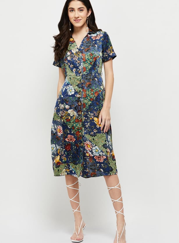 Women Printed Collared Neck A-Line Dress