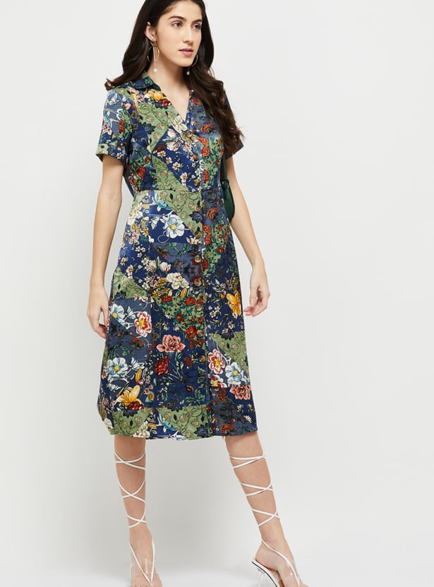 Women Printed Collared Neck A-Line Dress