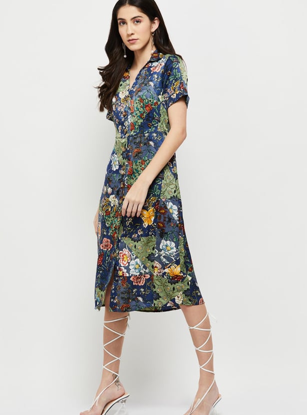 Women Printed Collared Neck A-Line Dress