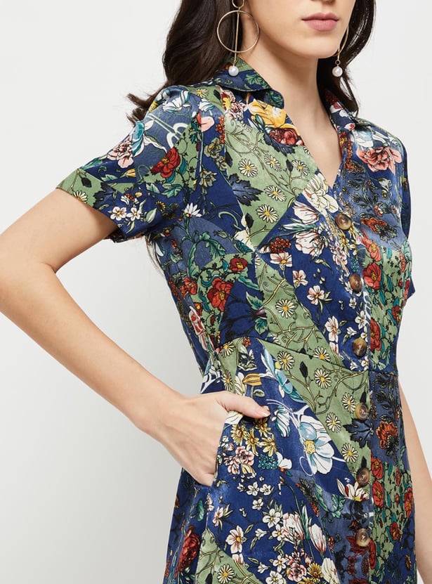 Women Printed Collared Neck A-Line Dress