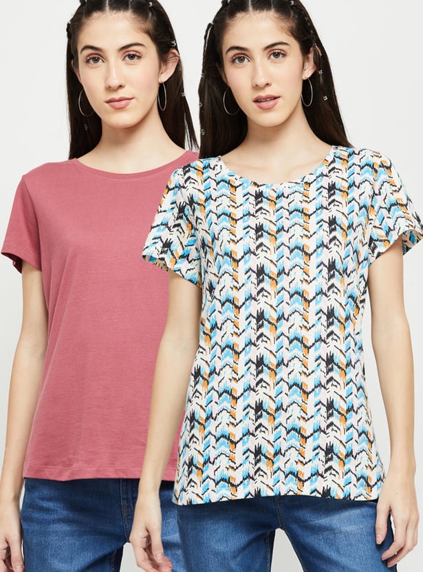 Women Assorted Round Neck T-shirt - Set of 2