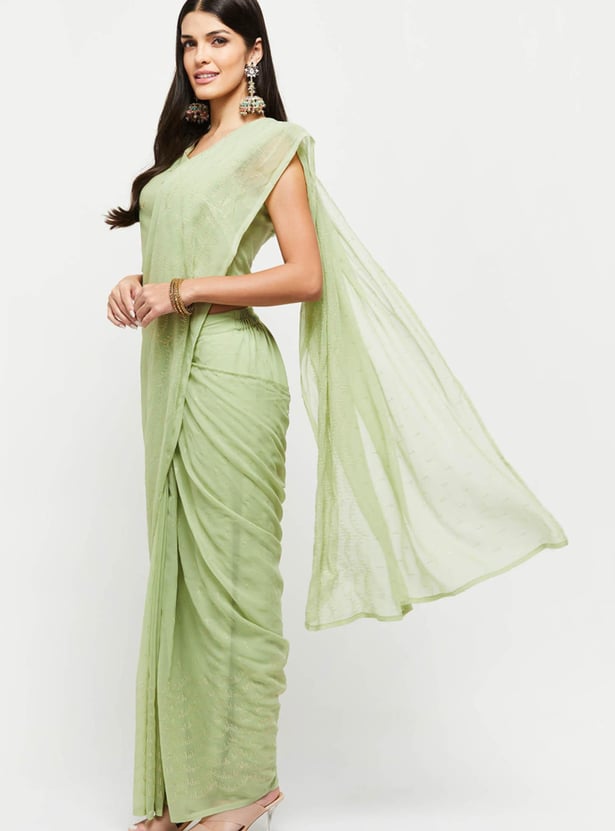 Women Embroidered Pleated Saree with Sleeveless Blouse