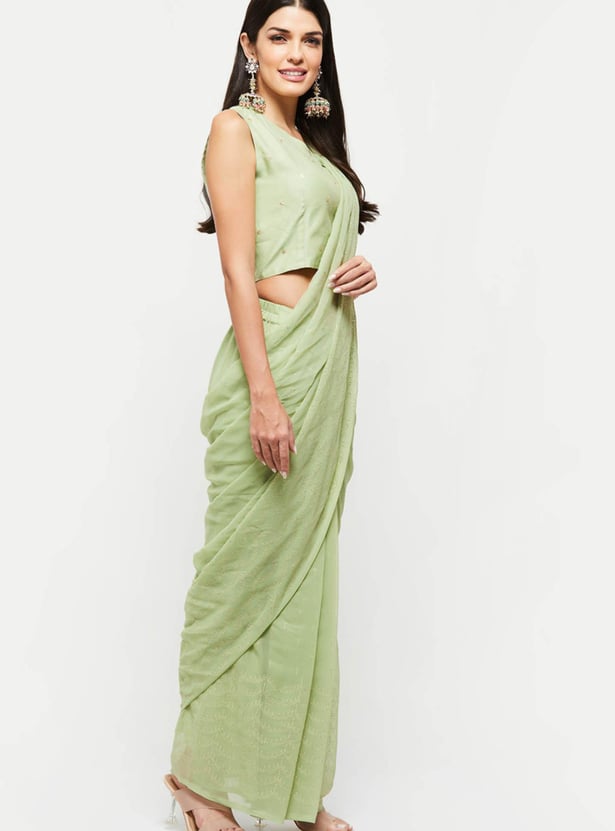 Women Embroidered Pleated Saree with Sleeveless Blouse