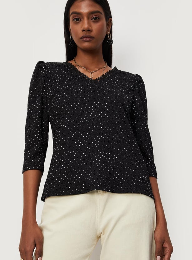 Women Polka Dot Top with Lace Trim