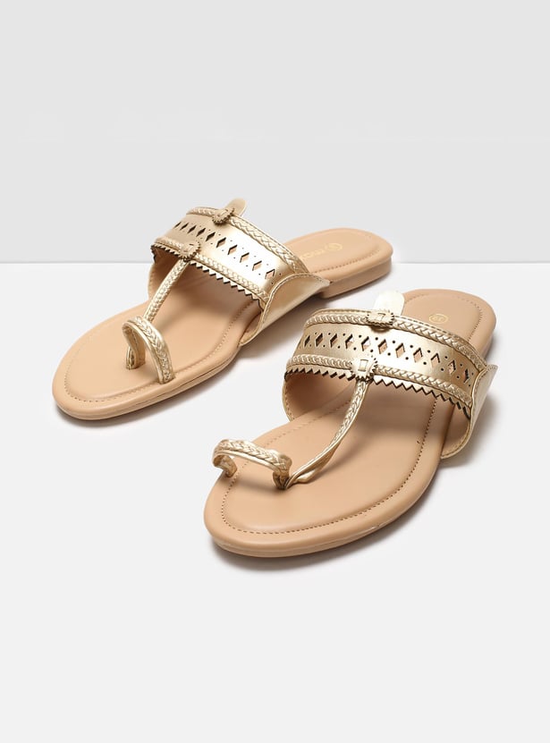 Women's Tan T-Strap Sandals with Laser-Cut Detail