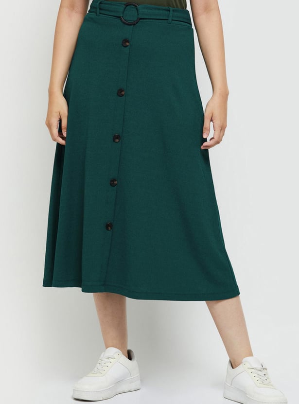 Women Solid Belted A-line Skirt