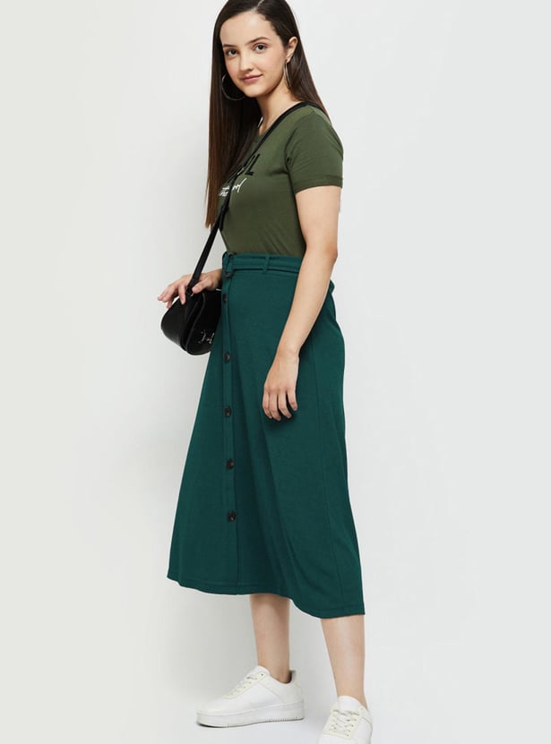 Women Solid Belted A-line Skirt