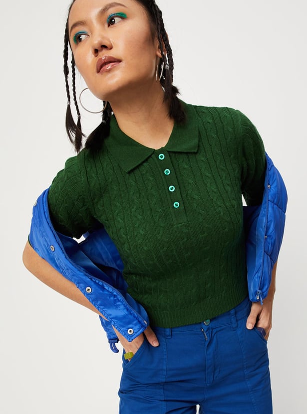 Buy Women Cable Knit Polo Sweater Top Online at just - Main Image