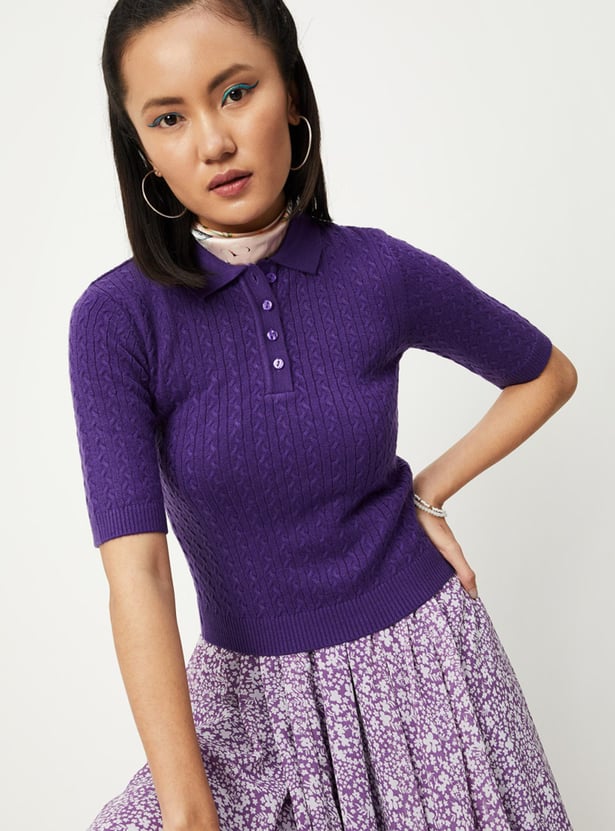 Women Cable Knit Polo Sweater Top