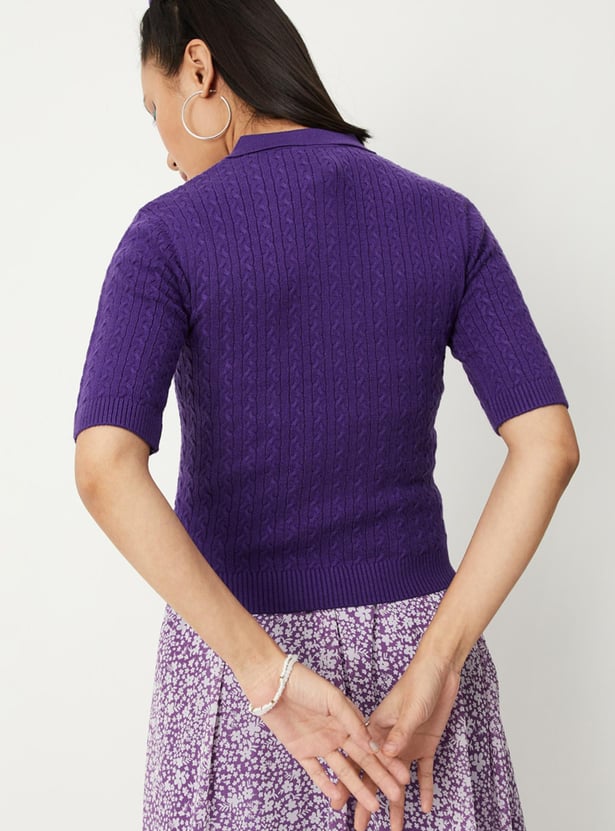 Women Cable Knit Polo Sweater Top