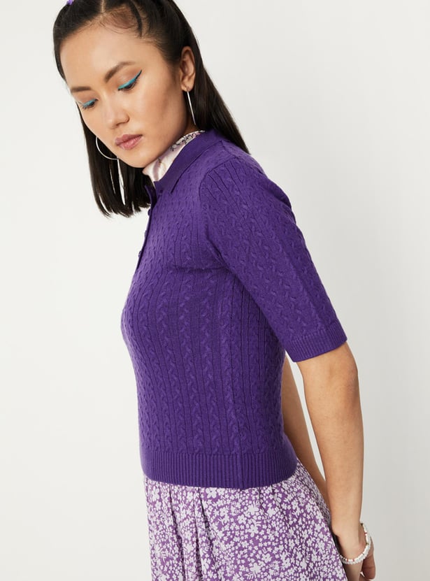 Women Cable Knit Polo Sweater Top