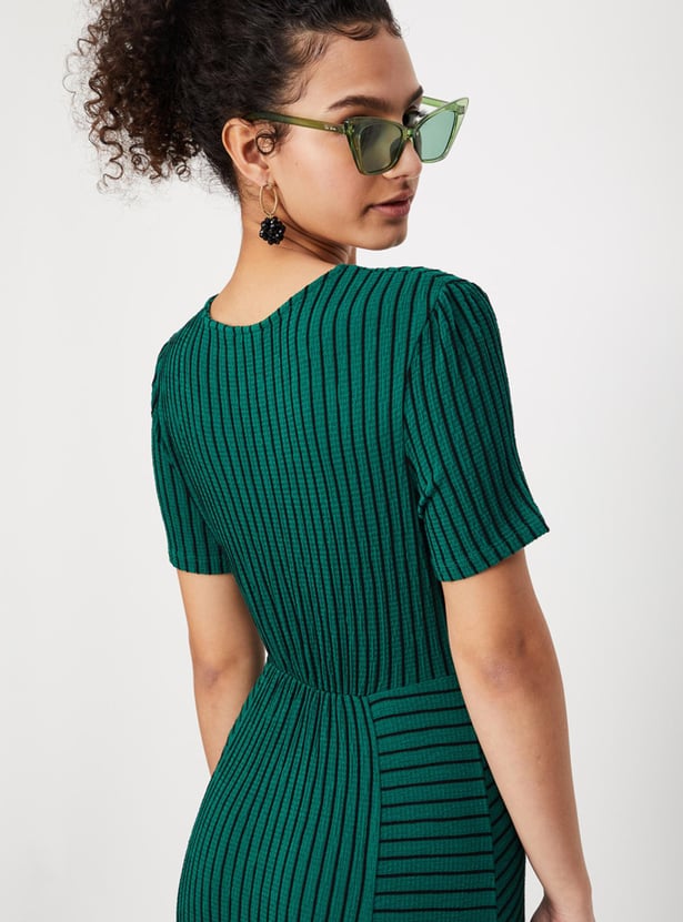 Women Striped Half Sleeves V Neck Maxi Dress