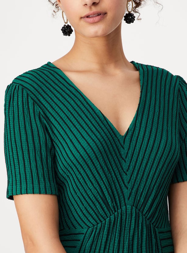 Women Striped Half Sleeves V Neck Maxi Dress
