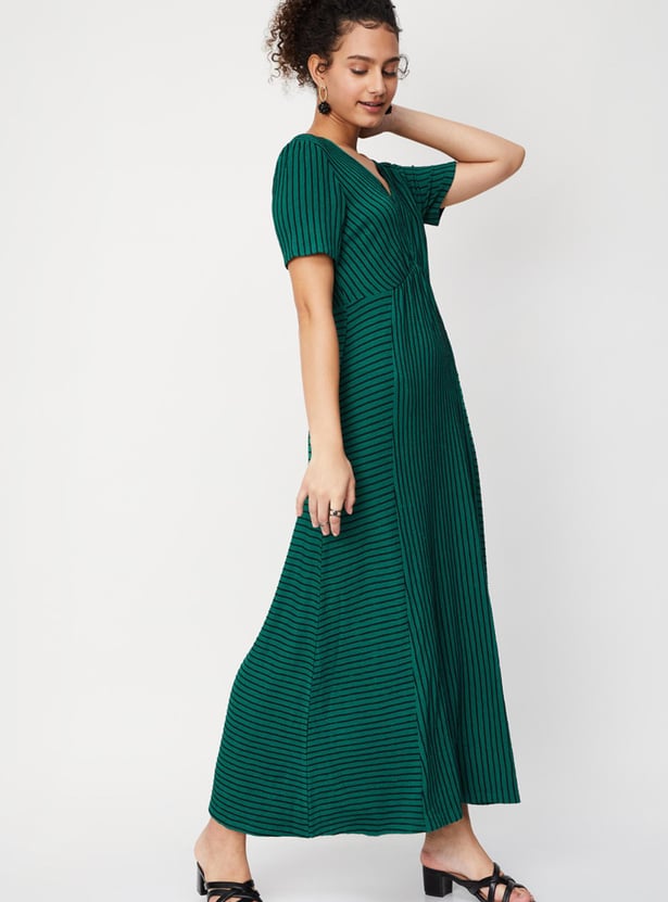 Women Striped Half Sleeves V Neck Maxi Dress
