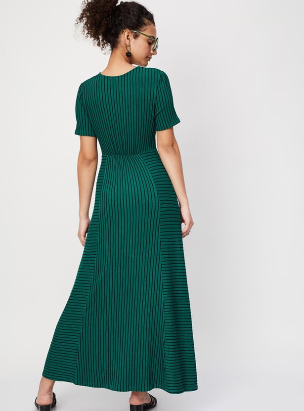 Women Striped Half Sleeves V Neck Maxi Dress
