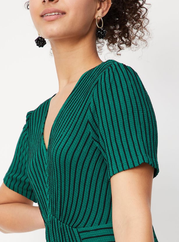 Women Striped Half Sleeves V Neck Maxi Dress