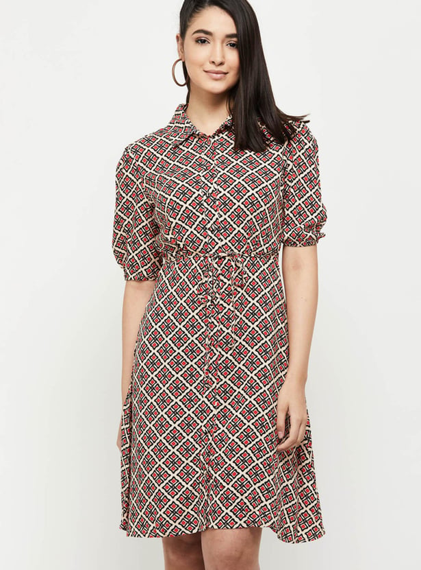 Gant Women Blue Printed Spread Collar Full Sleeves Dress