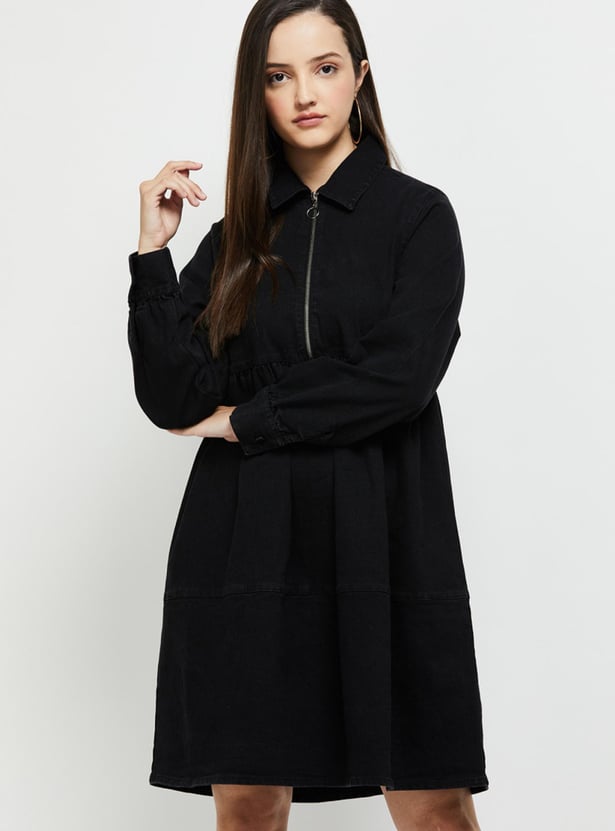Women Solid Full Sleeves Zip Closure Mini Dress