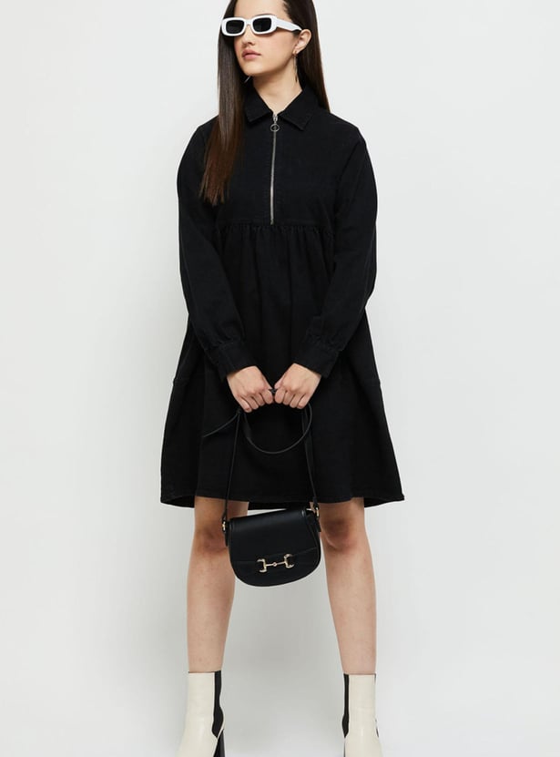Women Solid Full Sleeves Zip Closure Mini Dress