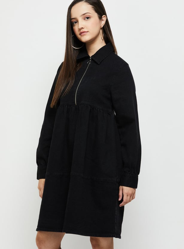 Women Solid Full Sleeves Zip Closure Mini Dress
