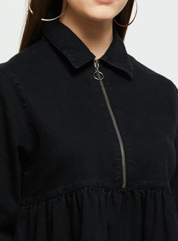 Women Solid Full Sleeves Zip Closure Mini Dress