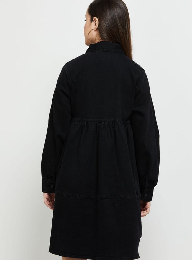 Women Solid Full Sleeves Zip Closure Mini Dress