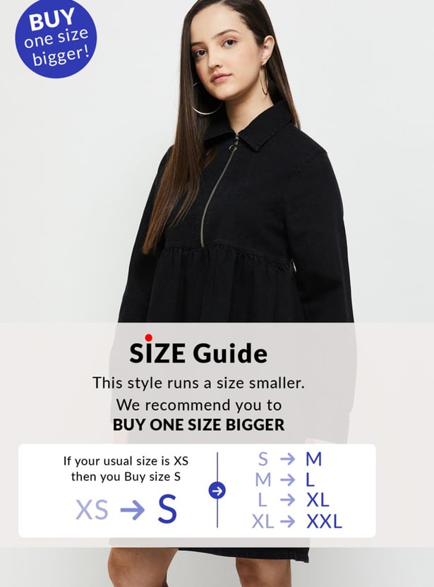 Women Solid Full Sleeves Zip Closure Mini Dress
