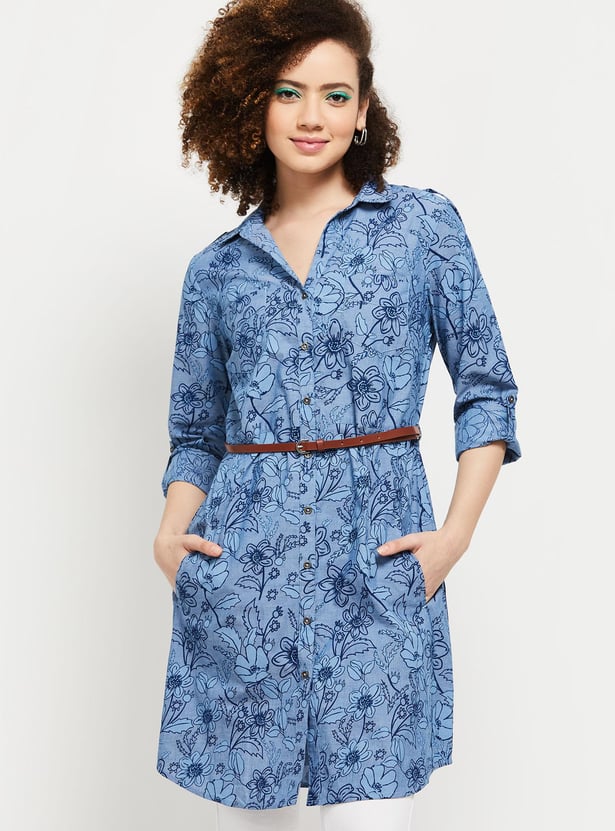 Women Floral Printed Roll-Up Sleeves Belted Tunic