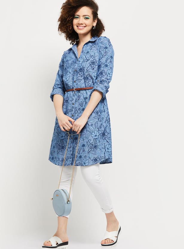 Women Floral Printed Roll-Up Sleeves Belted Tunic