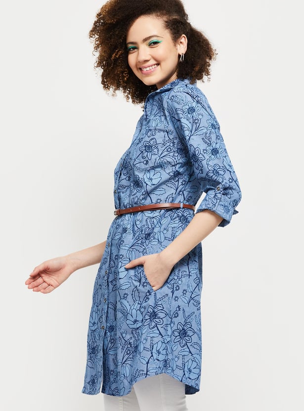 Women Floral Printed Roll-Up Sleeves Belted Tunic