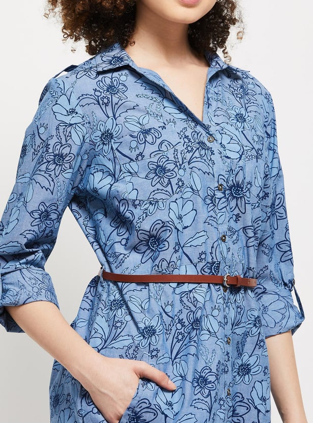 Women Floral Printed Roll-Up Sleeves Belted Tunic