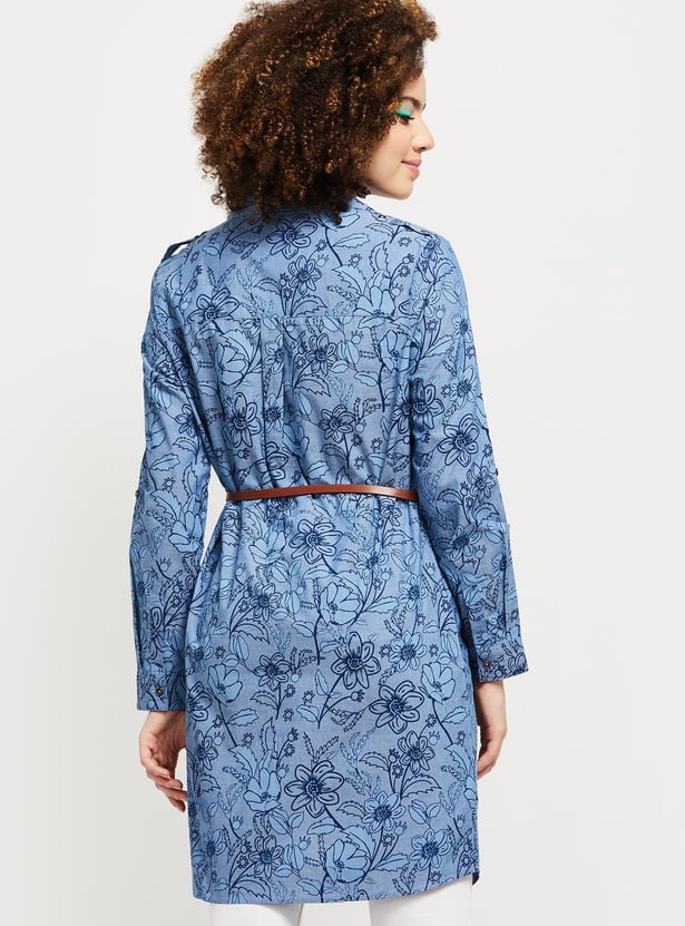 Women Floral Printed Roll-Up Sleeves Belted Tunic