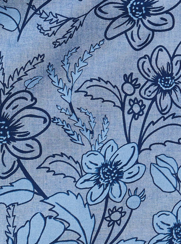 Women Floral Printed Roll-Up Sleeves Belted Tunic