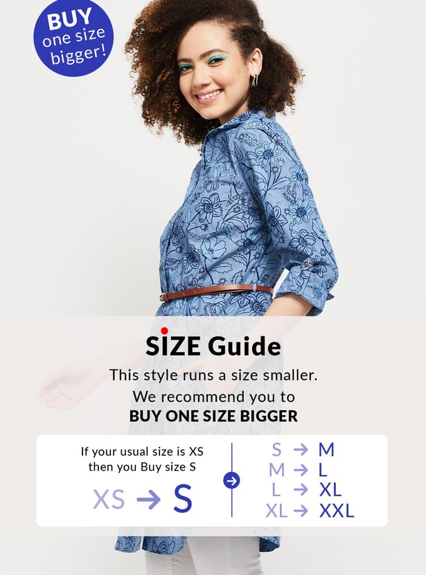 Women Floral Printed Roll-Up Sleeves Belted Tunic