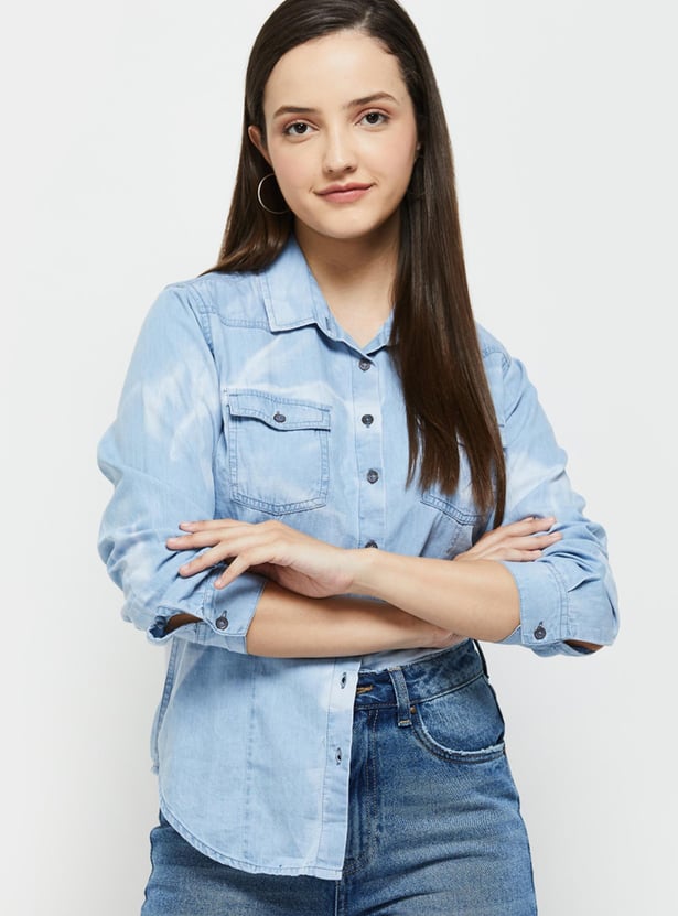 Women Washed Denim Shirt with Full Sleeves