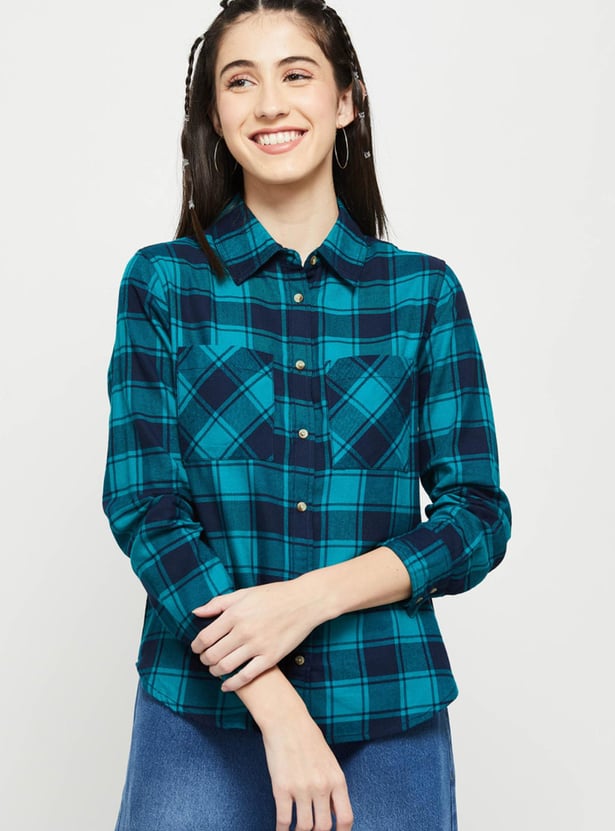 Women Green Yarn dyed Check Oversized Shirt