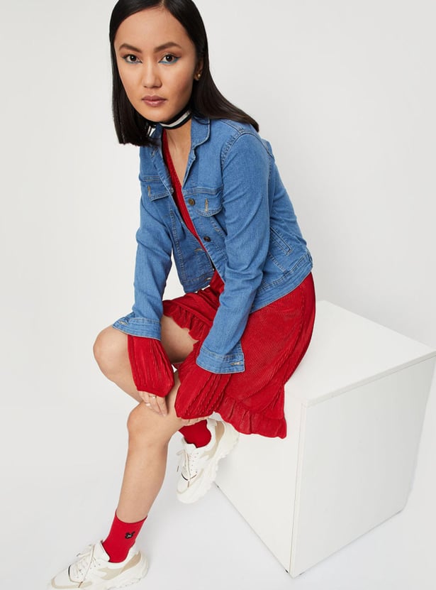 Women Solid Denim Trucker Jacket