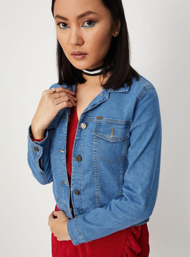 Women Solid Denim Trucker Jacket